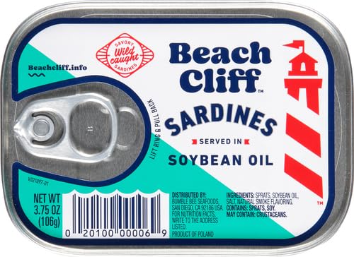 Beach Cliff Sardines in Water, 3.75 oz Can (Pack of 12) - Wild Caught Sardines - 12g Protein per Serving - Gluten Free, Keto Friendly