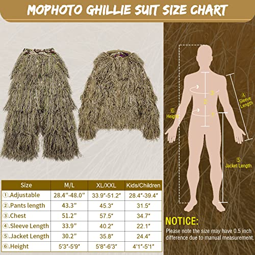 MOPHOTO 5 in 1 Ghillie Suit, 3D Camouflage Hunting Apparel Including Jacket, Pants, Hood, Carry Bag Suitable for Unisex Adults/Youth (M/L/XL/XXL)