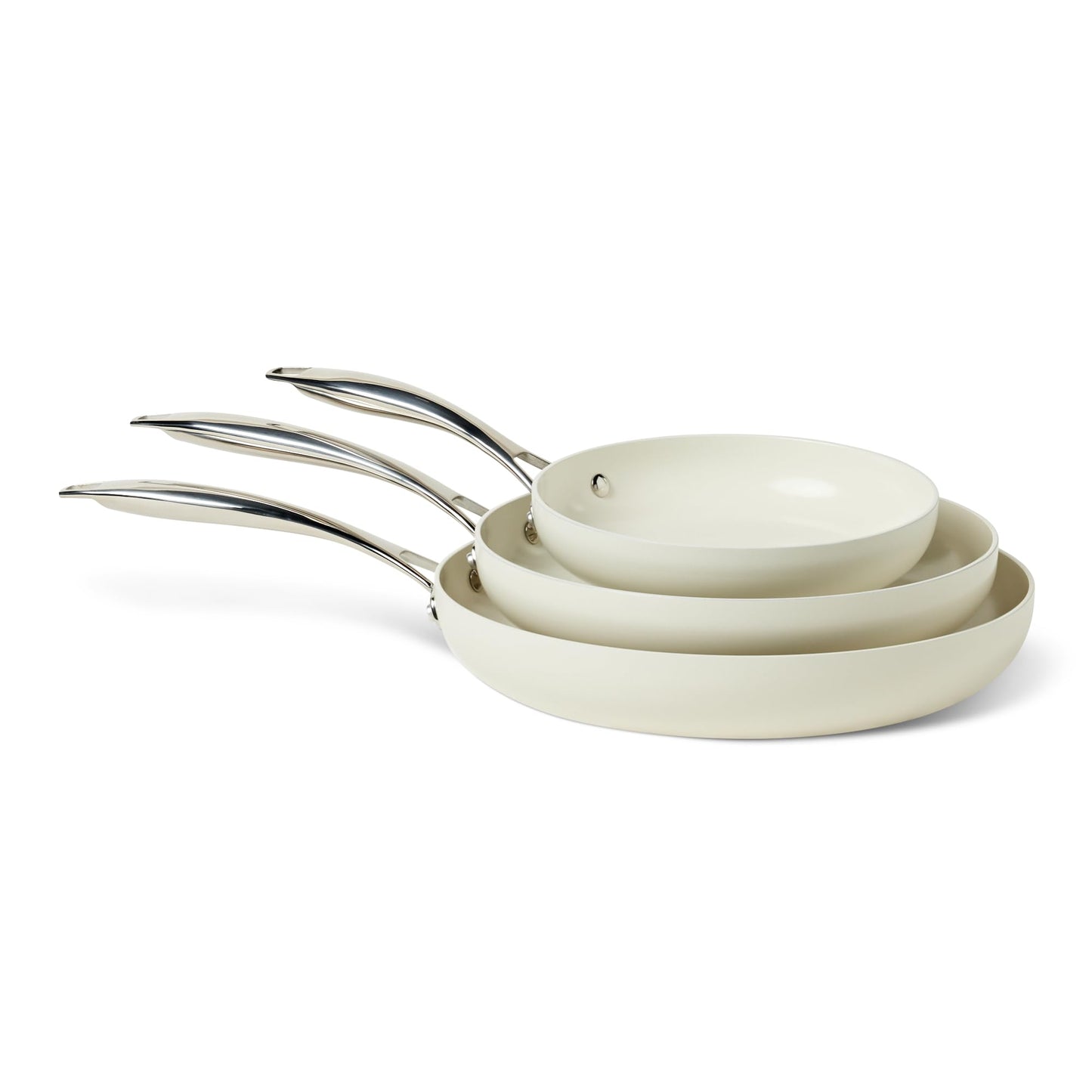 Amazon Basics Ceramic Nonstick Cookware, 3-Piece Frying Pan Set, All Cooktop Induction Compatible, Dishwasher-Safe, Oven-Safe, Ivory