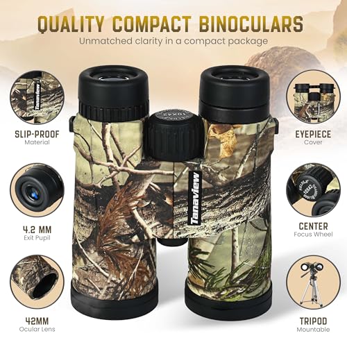 10X42 Compact Binoculars for Adults - Long Distance, High Powered Binoculars with Travel Case - Extra Bright Light & Large Field of View - Lightweight, Water & Fog Proof, Hunting, Bird Watching
