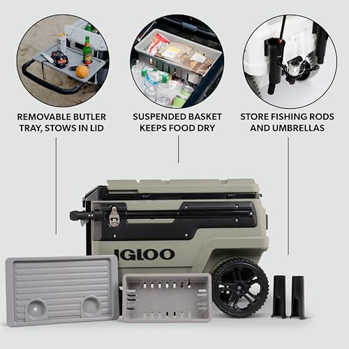 Igloo Premium Trailmate Wheeled Coolers 70 QT, Insulated Portable Cooler with Heavy Duty Wheels, 112 Can Capacity, Leak-Proof Rolling Cooler