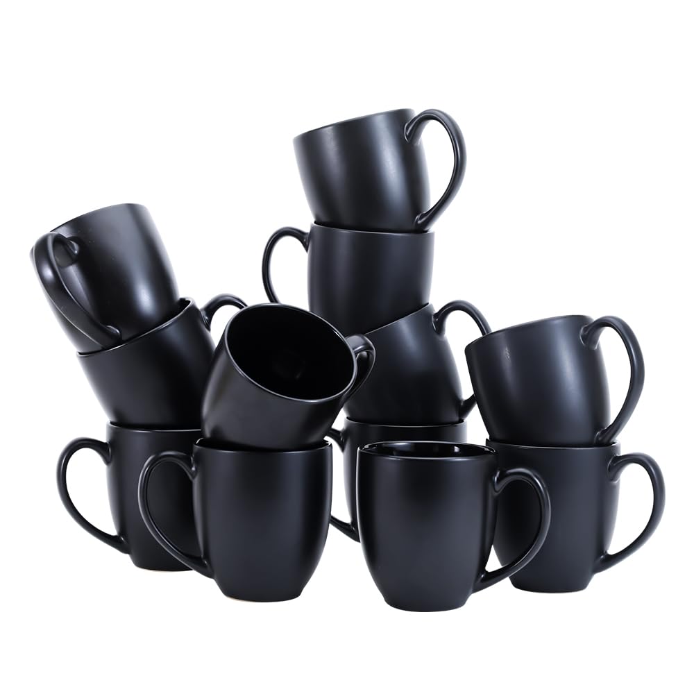 Amazon Basics 12-pack Matte Black Ceramic Coffee Mug, 16 ounces, Microwave-Safe, Stoneware, Commercial-grade
