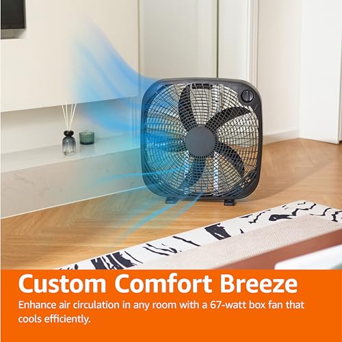 Amazon Basics 3-Speed Box Fan for Bedroom, Portable with Carry Handle, Powerful Airflow, 5 Blades, Lightweight Design, 67 Watts, 20-Inch, Black, 6.8"D x 20.86"W x 21.33"H