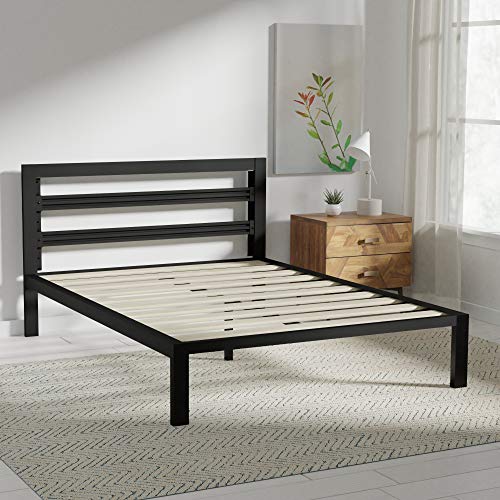 Amazon Basics Industrial Metal Bed Frame with Modern Headboard and Wood Slat Support, 14 Inches High, No Box Spring Needed, Noise-Free, Easy Assembly, Under Bed Storage, Queen Size, Black