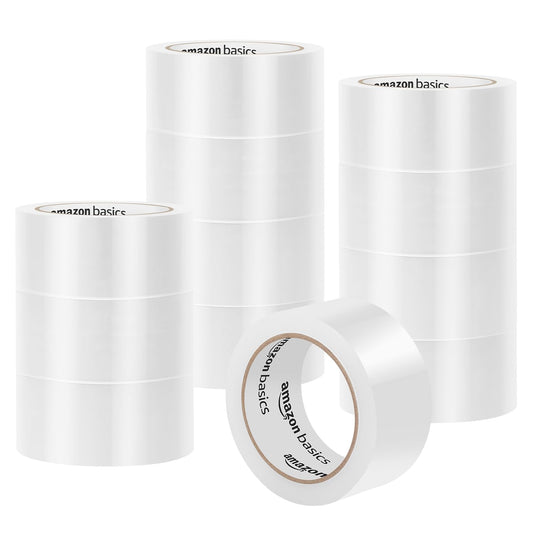 Amazon Basics Strong Plastic Adhesive Packaging Tape for Shipping, Moving and Storage, Clear, Low Odor, 1.88 in x 54.6 yds, 12-Pack