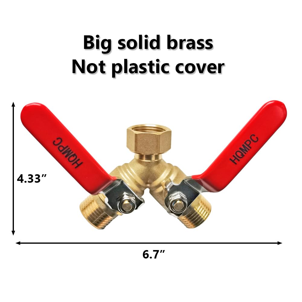 HQMPC Garden Hose Y Valve Hose Splitter Brass Hose Splitter With Stainless Steel Long Handle Brass Y Valve Water Garden Hose Adapter 2 Way Y Valve 3/4" GHT Thread
