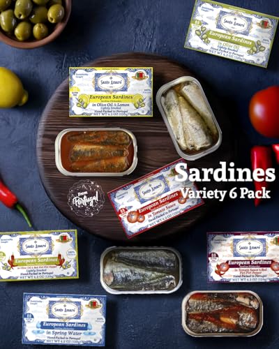 Santo Amaro - 6 Flavor Variety Pack Sampler European Wild Sardines - Virgin Olive Oil - Tomato Sauce from Puree - Virgin Olive Oil & Spicy Red Piri Piri Pepper - Spring Water - Virgin Olive Oil & Lisbon Lemon - Tomato Puree with Spicy Red Piri Piri Pepper