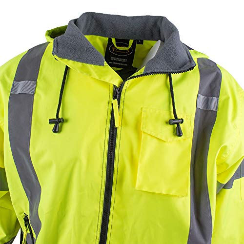 Pioneer Hi Vis Safety Bomber for Men - Waterproof, Reflective ANSI Class 3 Winter Rain Jacket with Detachable Hood