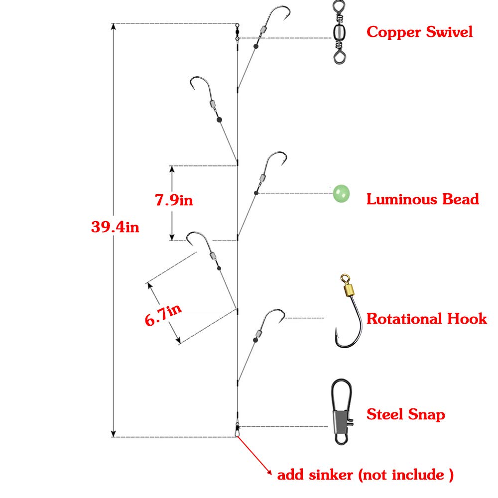 Fishing Hook with Leader,5 Hooks Fishing Rig-7 Strands Nylon Coated Fishing Leader with Swivle,Snap,Hooks