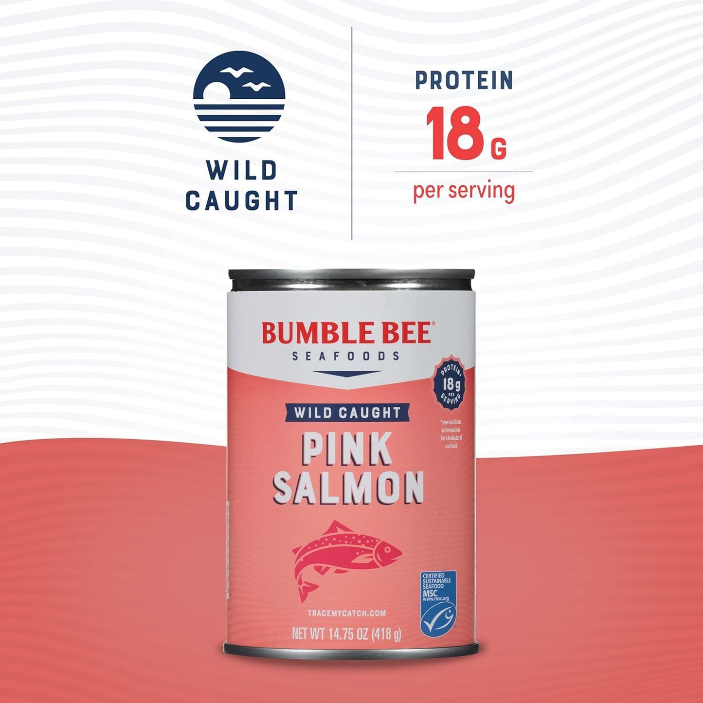 Bumble Bee Canned Pink Salmon, 14.75 oz Cans (Pack of 12) - Premium Wild Caught Salmon with Skin & Bones - 18g Protein per Serving - MSC Certified Sustainable Seafood, Non-GMO, Gluten Free, Kosher