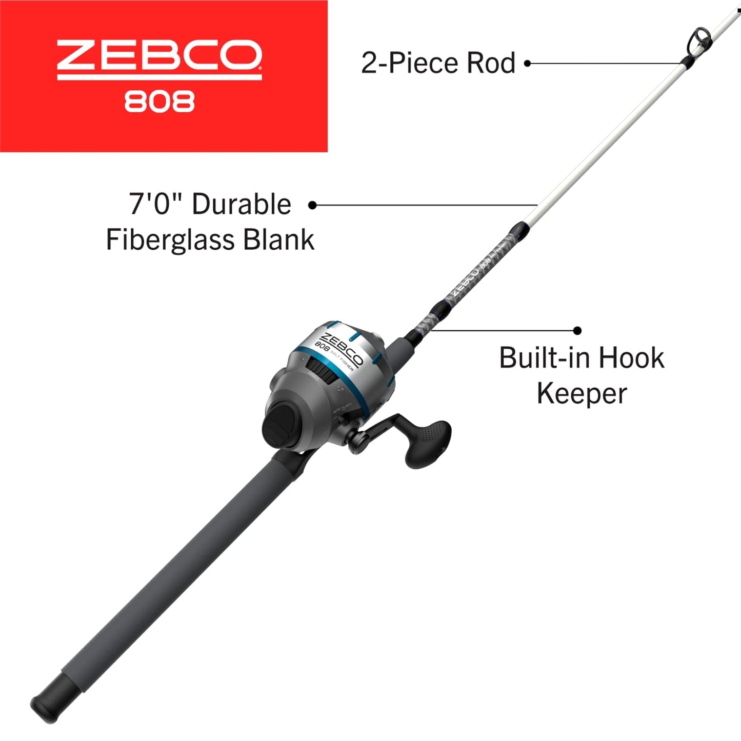 Zebco 808 Saltwater Spincast Reel and Fishing Rod Combo, 7-Foot 2-Piece Fishing Pole, Size 80 Reel, Changeable Right- or Left-Hand Retrieve, Pre-Spooled with 20-Pound Zebco Line, Black