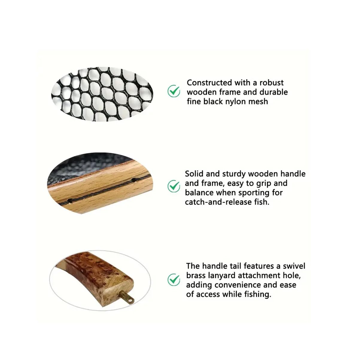 Aventik Wooden Fly Fishing Landing Net with Rubber Ghost Mesh and Magnetic Release - Catch & Release Friendly