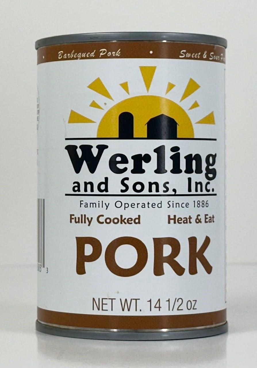 Werling & Sons Canned Pork 14.5 Oz Fully Cooked Ready to Eat Canned Meat Premium Quality Shelf Stable No Refrigeration Needed Perfect for Emergency Storage Camping Survival Canned Food Pack of 12