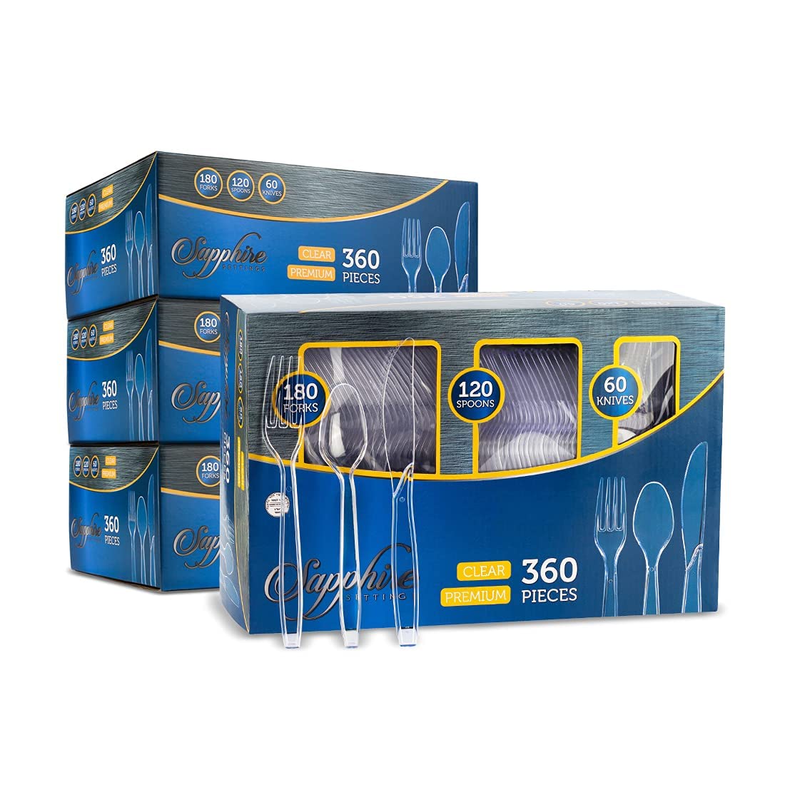 Party Bargains Disposable Cutlery set, SAPPHIRE Design, Clear Color, 360 Pieces: 180 Forks, 120 Spoons, 60 Knives