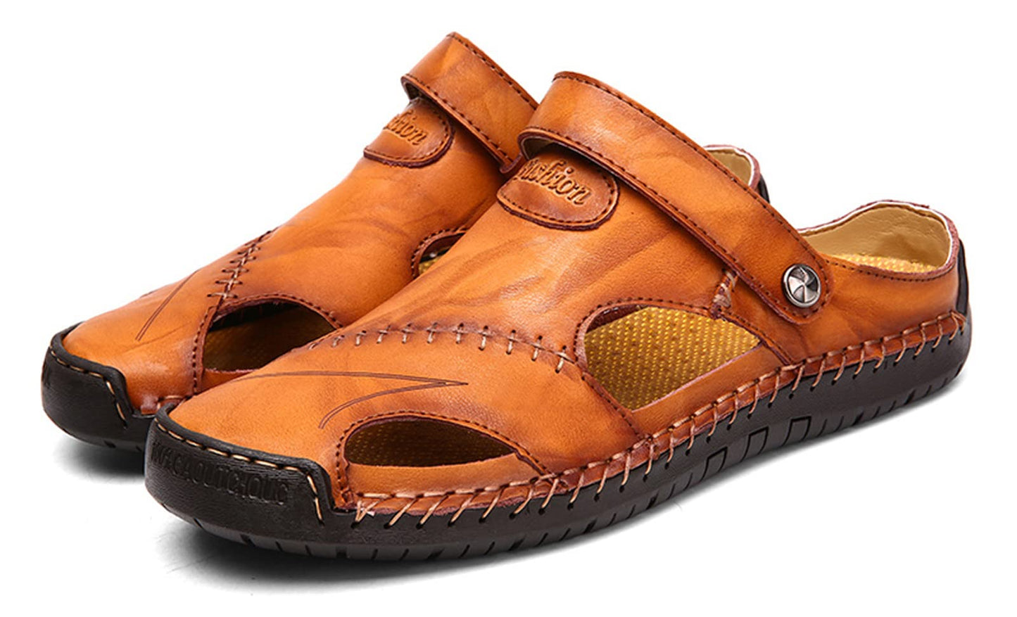 Honeystore Men's Leather Hollow Athletic Sandals Slip-on Roman Casual Shoes