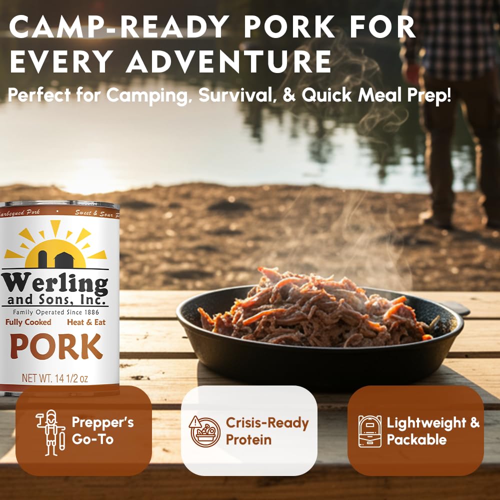 Werling & Sons Canned Pork 14.5 Oz Fully Cooked Ready to Eat Canned Meat Premium Quality Shelf Stable No Refrigeration Needed Perfect for Emergency Storage Camping Survival Canned Food Pack of 12