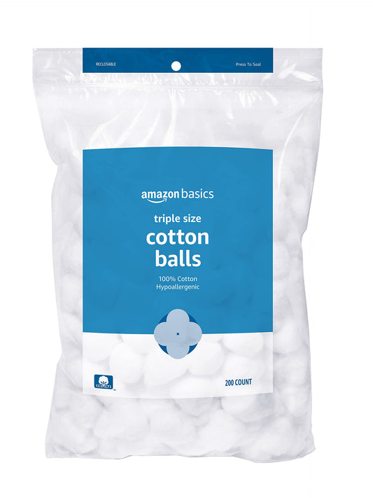Amazon Basics Cotton Balls for Skincare, Makeup Removal, 100% Cotton, Hypoallergenic, 200 Count (Previously Solimo)