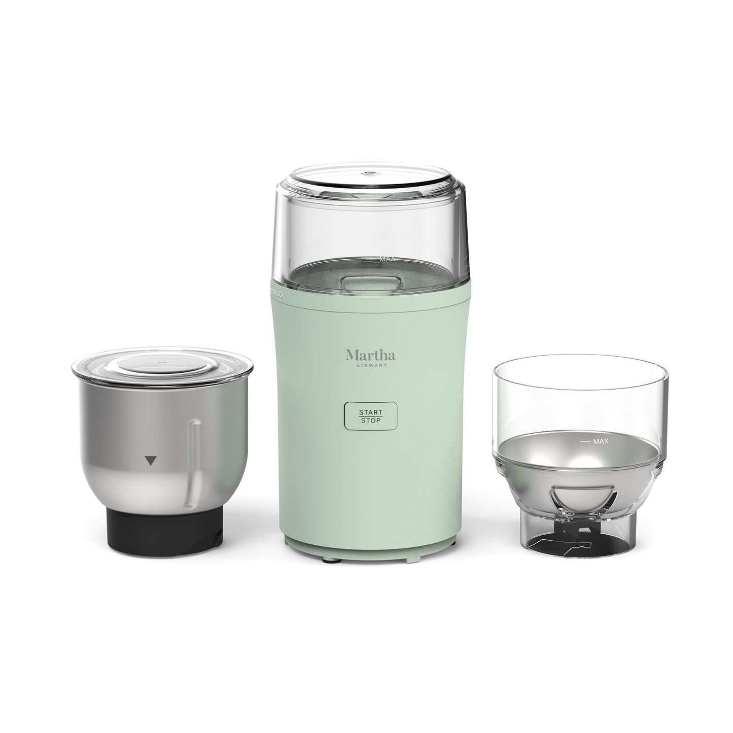 Martha Stewart Electric Coffee & Spice Grinder, Dual 2.5oz Removable Bowls, Storage Lids, Stainless Steel Blades, One Touch Pulse Control, 2-in-1 Compact, Beans & Spices, Herbs & Nuts, Sky Blue