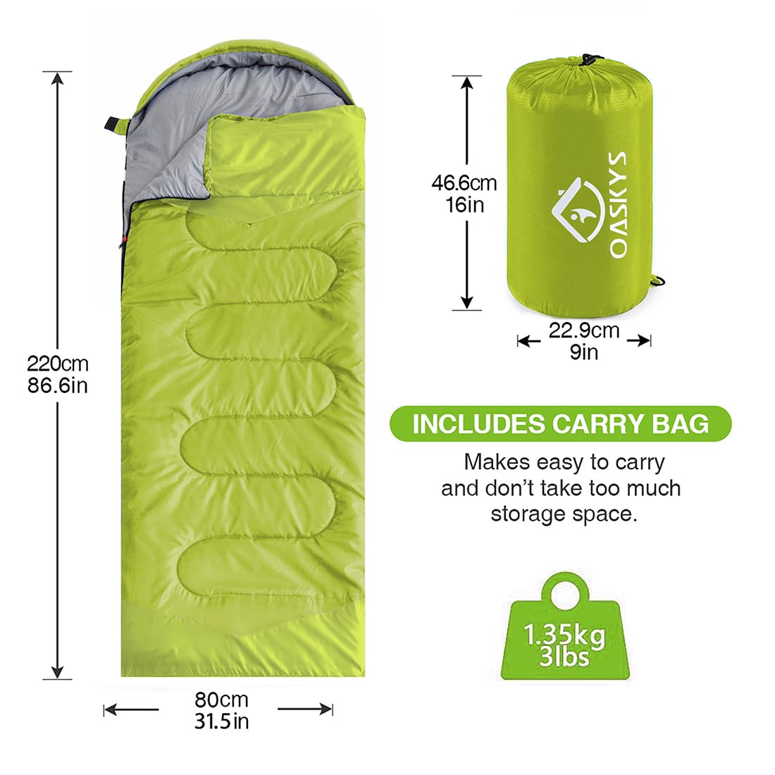 oaskys Camping Sleeping Bag - 3 Season Warm & Cool Weather - Summer Spring Fall Lightweight Waterproof for Adults Kids - Camping Gear Equipment, Traveling, and Outdoors