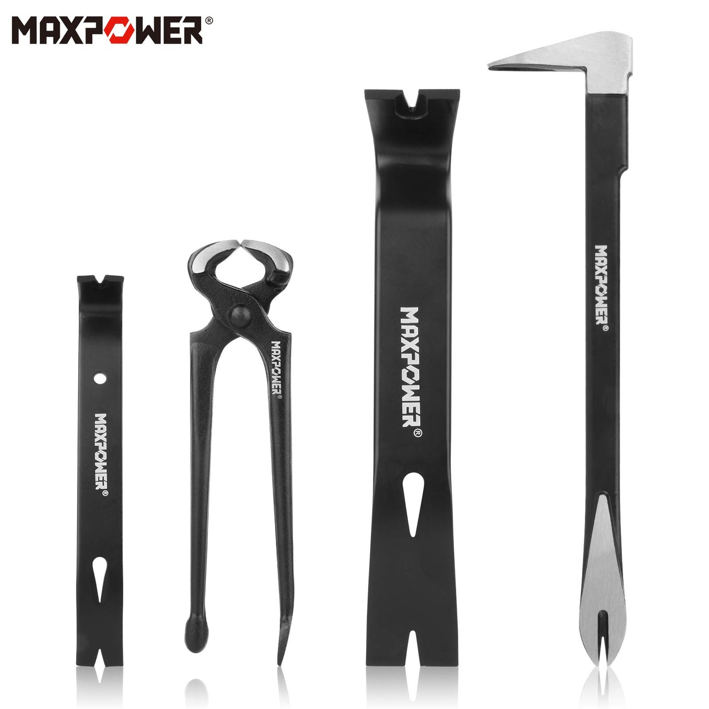 MAXPOWER 4-Pieces Pry Bar Set, 12-inch Utility Claw Pry Bar, 8-inch Nail Puller, 10-inch and 7-inch Flat Pry Bar Crowbar Claw