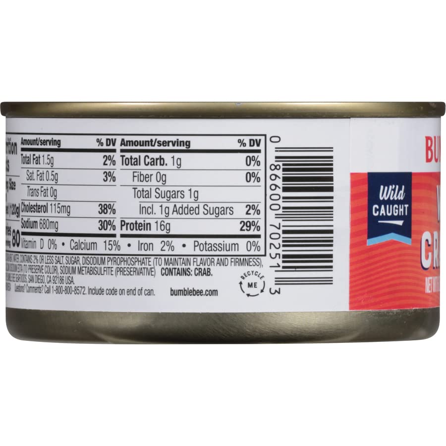 Bumble Bee White Flake Crab Meat in Water, 6 oz Can - 16g Protein & 1g Carb Per Serving - Wild Caught, Flaky, Drain Before Use, 6 Ounce (Pack of 1)