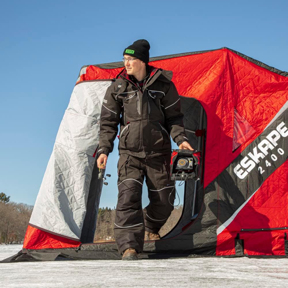 Eskimo Eskape 2400 Insulated 2 Person Ice Fishing Side-Door Sled Shelter with 60-Inch Sled and TearTuff Bench Seat Seats, Red/Black