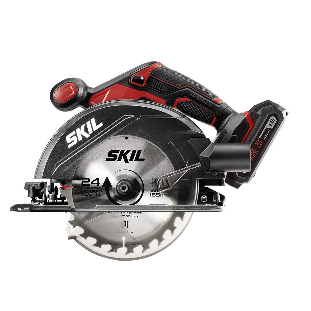 SKIL 20V 4-Tool Combo Kit: 20V Cordless Drill Driver Reciprocating Saw, Circular Saw and Spotlight, Includes Two 2.0Ah PWR CORE Lithium Batteries and One Charger - CB739701,Black, Red