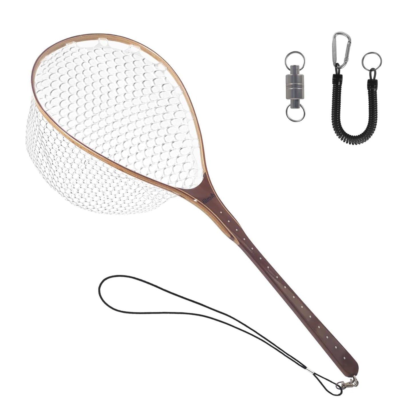 Aventik Fly Fishing Landing Net Trout Fishing Wooden with Measuring Mark Soft Rubber Net Bag Catch & Release
