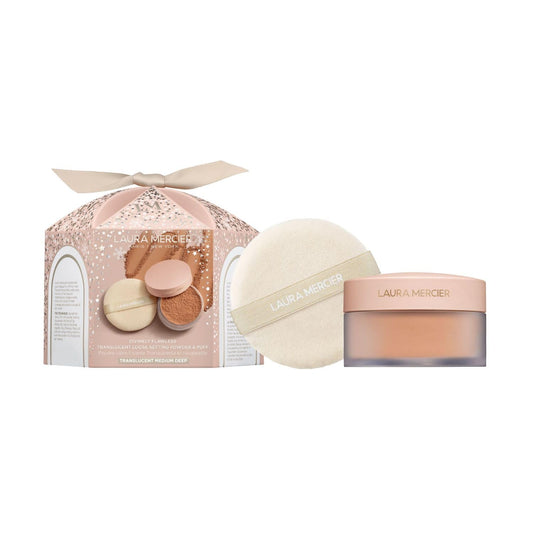 Laura Mercier Translucent Loose Setting Powder & Puff Set Divinely Flawless: 24 HR Shine Control, Soft Matte Finish, Long Lasting Wear, Best for Normal to Oily Skin, Medium Deep