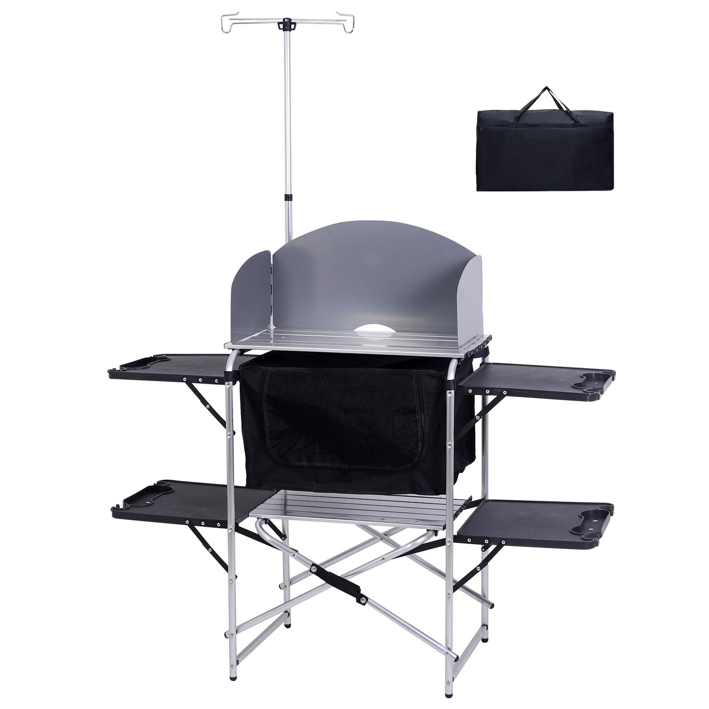 Nice C Camping Kitchen Station, Camping Table, Picnic Table, Grill Table, Folding Table, Upgrade Light Stand and Windshield Cooking Station & Organizers, Carry Bag for Beach, Picnic (Black)