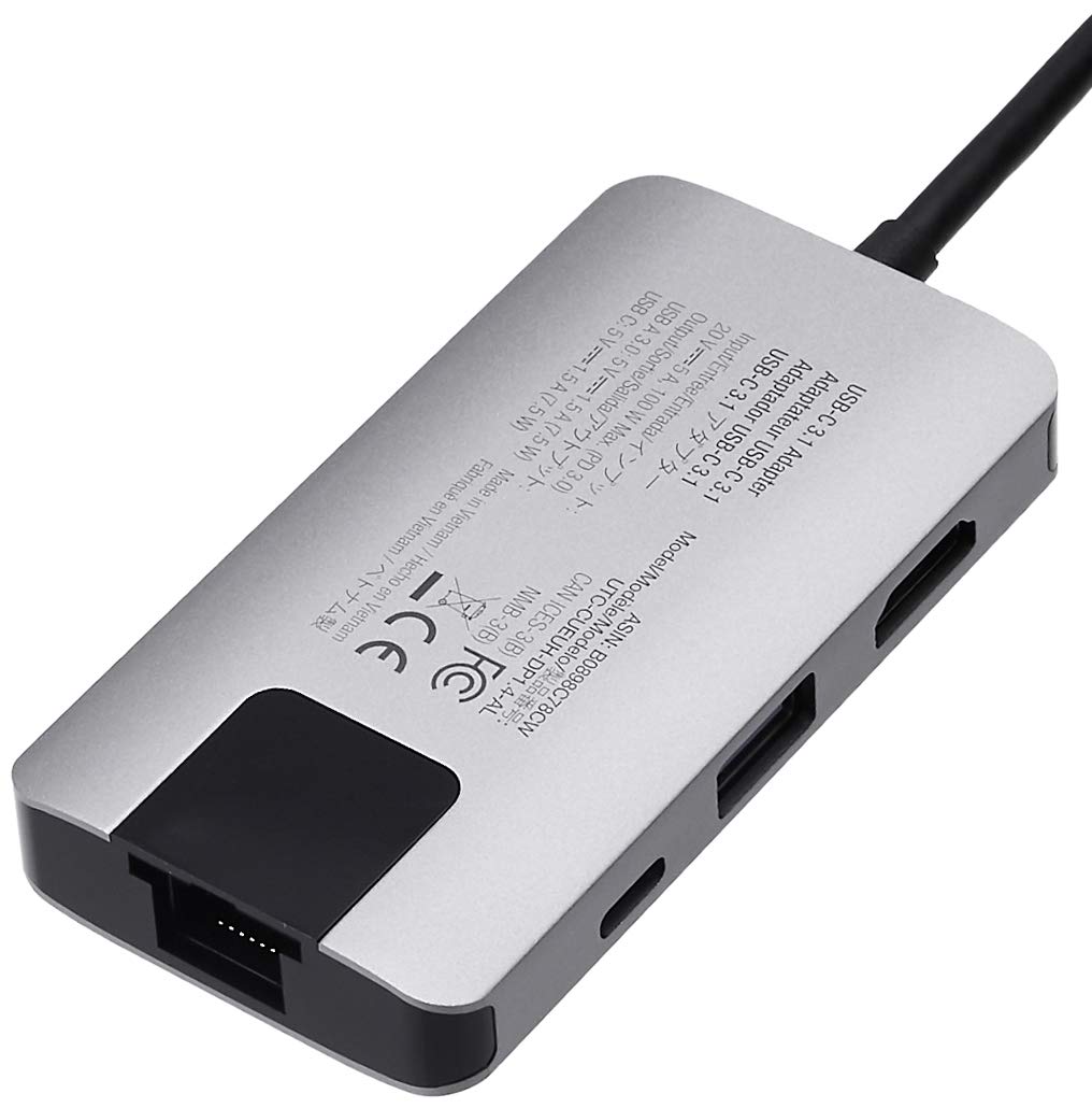 Amazon Basics 4-in-1 USB-C Adapter with HDMI, Ethernet Port, USB 3.0 and 100W PD Charging, Thunderbolt 3 Compatible, Gray, 3.35 x 1.77 x 0.51 inches