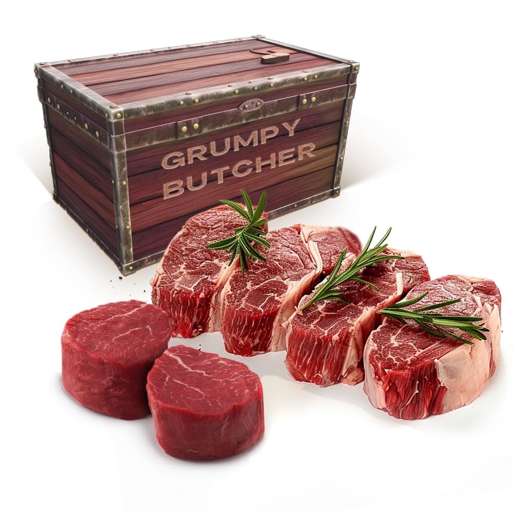 Grumpy Butcher Box Meat Food Gifts: 2 Top Sirloins Steaks (6 oz), 2 Duroc Bone in Pork Chops (14 oz) & 2 Cheese Stuffed Chicken Breasts Wrapped in Bacon (8 oz) - Gourmet Gift Basket for Men