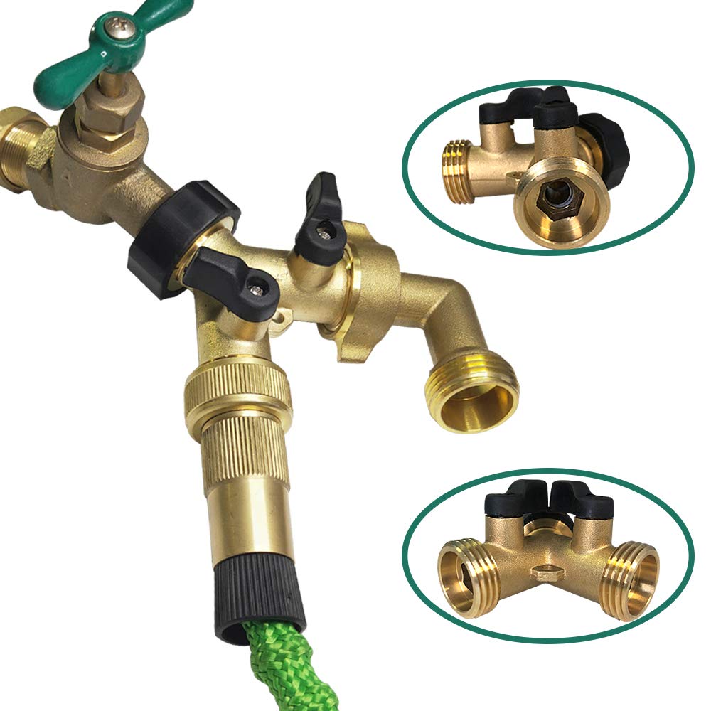 HQMPC Garden Hose Y Valve Hose Splitter Brass Hose Splitter With Stainless Steel Long Handle Brass Y Valve Water Garden Hose Adapter 2 Way Y Valve 3/4" GHT Thread