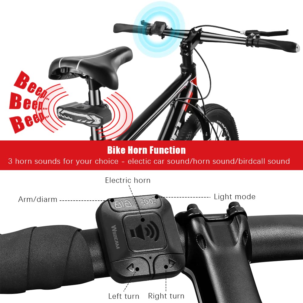 WSDCAM Smart Bike Light with Turn Signals, Brake Light, and Alarm Horn - Auto ON/Off Rechargeable Waterproof Rear Bicycle Tail Light with Remote