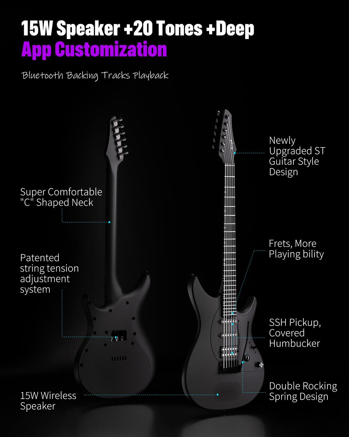 Enya Electric Guitar Inspire 39" Smart Electric Carbon Fiber Guitarra with 15W Wireless Speaker, 20 Distinct Tones, Onboard Presets, Charging Cable, Adjusting Wrench, and Gig Bag