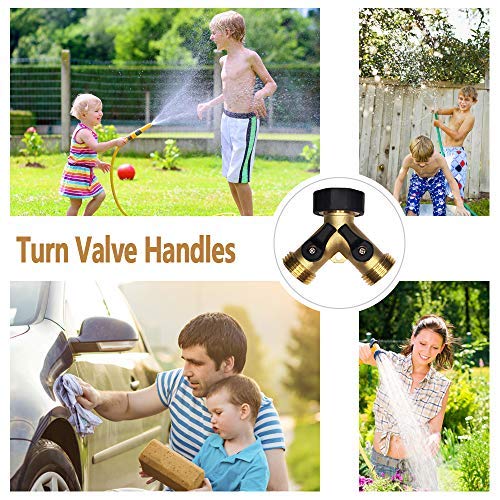 HQMPC Garden Hose Y Valve Hose Splitter Brass Hose Splitter With Stainless Steel Long Handle Brass Y Valve Water Garden Hose Adapter 2 Way Y Valve 3/4" GHT Thread