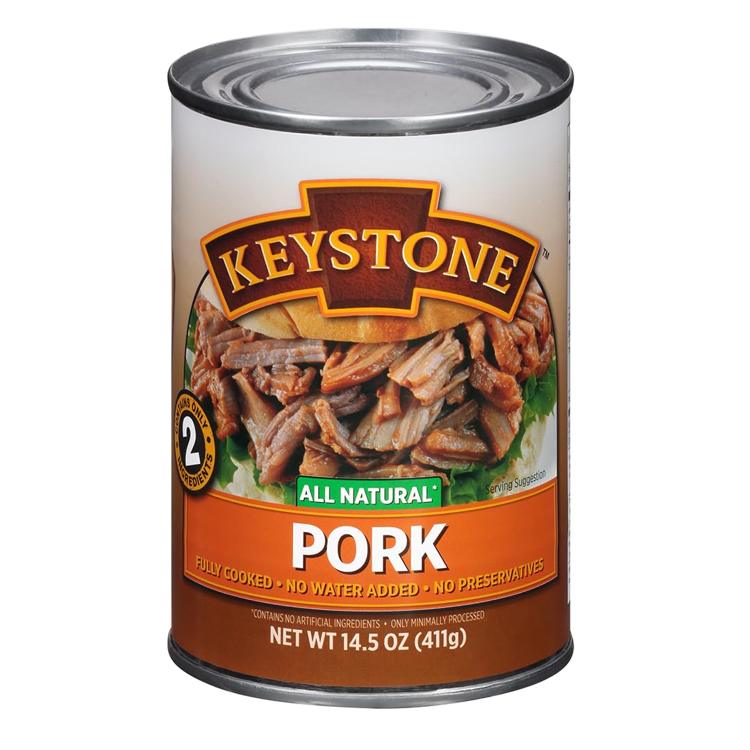 Keystone Meats All Natural Heat and Serve Canned Pork 14.5 Oz Fully Cooked Shelf Stable Canned Meat Emergency Survival Canned Food Ready to Eat No Preservatives Gluten Free Made in USA Pack of 24