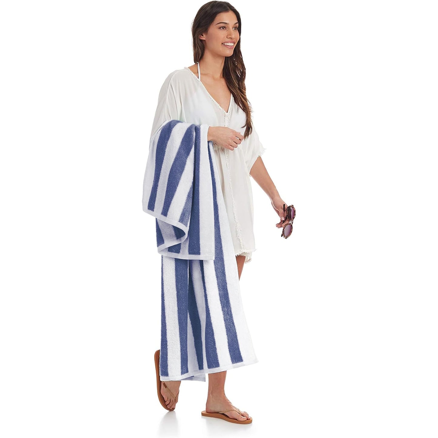 Amazon Basics 100% Cotton Soft & Absorbent Beach Towels, Cabana Stripe, Fast Drying, Machine Washable, Large 30 in x 60 in, Navy Blue, 2-Pack