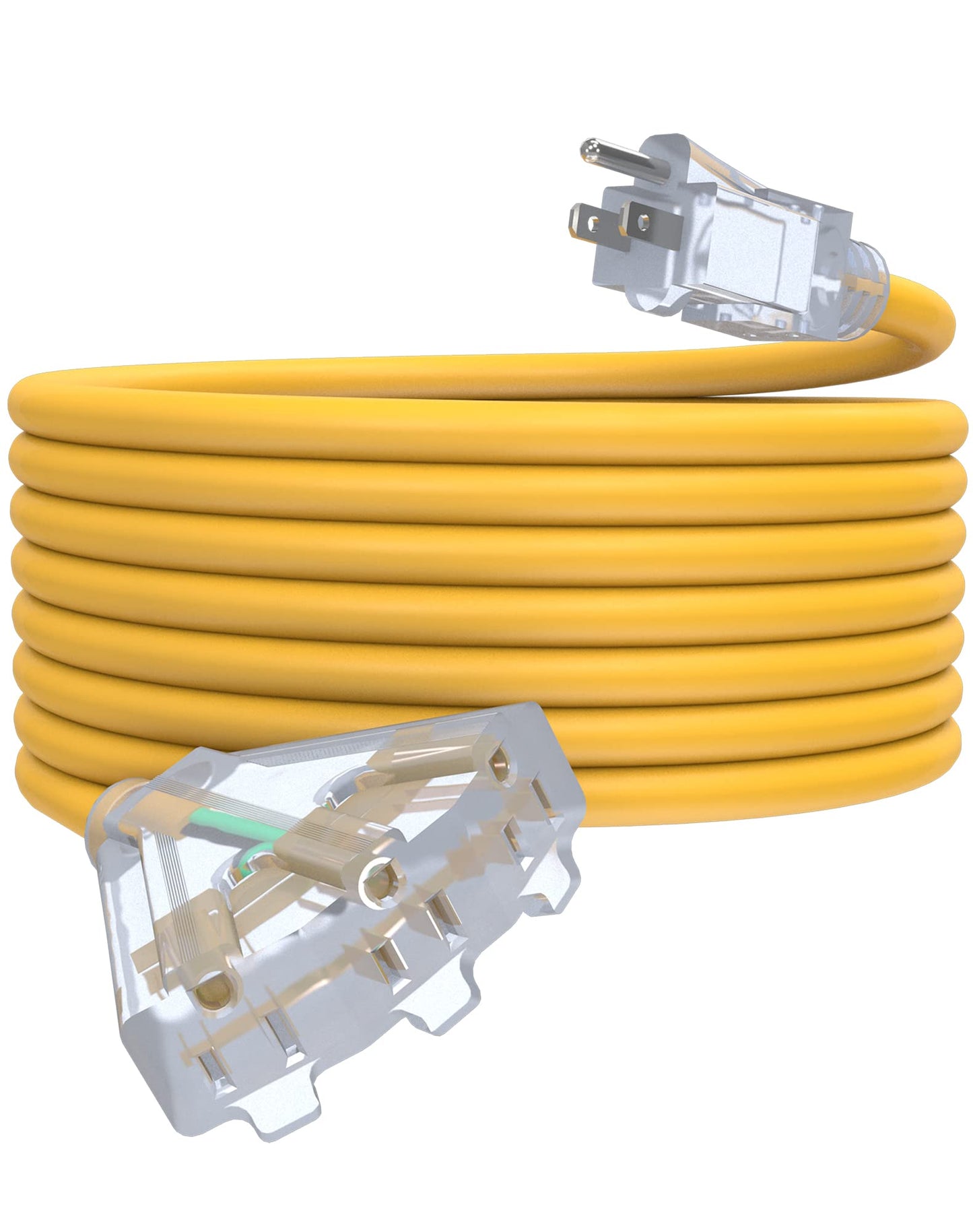 25Ft 12/3 Outdoor Extension Cord with 3-Outlets, Heavy Duty 12 Gauge 3 Prong Extension Cord Waterproof with Lighted end, 15A 12AWG 1875W SJTW, ETL Listed - Great for Garage, Garden and Home, Yellow