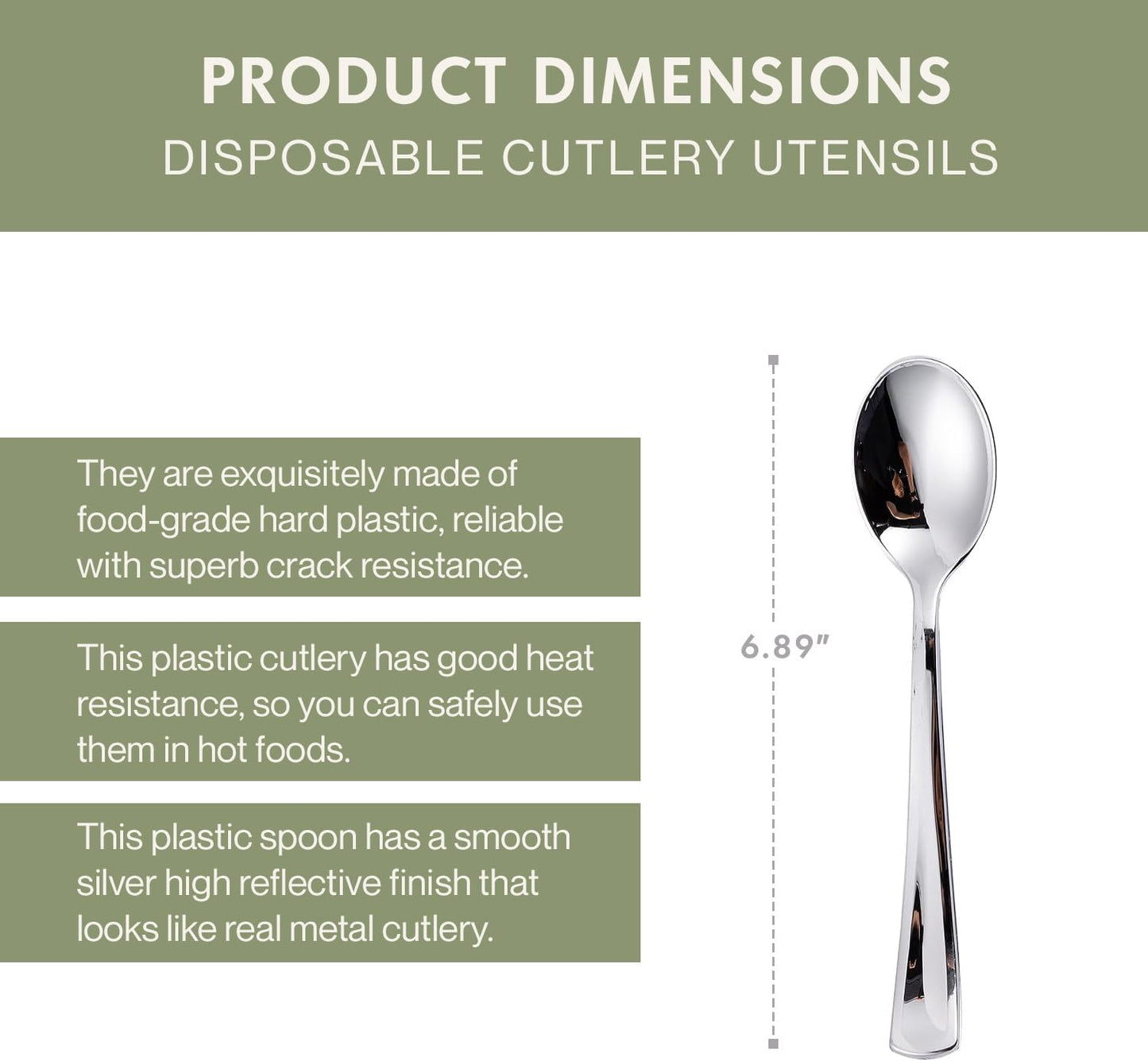 [120 Count] Silver Plastic Spoons – Heavy Duty Disposable Cutlery for Parties, Weddings, Catering – Elegant Metallic Finish, BPA-Free, Recyclable Utensils
