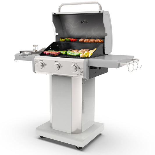 Kenmore 3-Burner Propane BBQ Grill, 30,000 BTUs Gas Grill with Cast Iron Cooking Grates, Folding Side Tables & Wheels, Outdoor Grill with Tool Hooks, Azure Blue