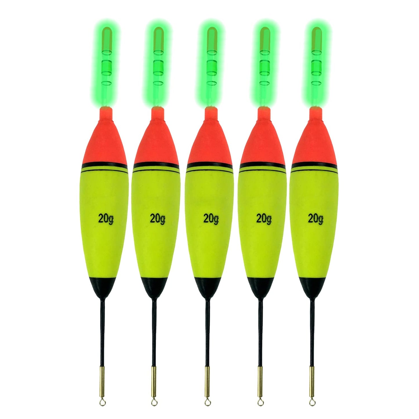 QualyQualy 5Pcs Lighted Fishing Bobbers EVA Foam Fishing Floats and Bobbers + 10Pcs Fishing Glow Sticks, Night Fishing Light Up Bobbers