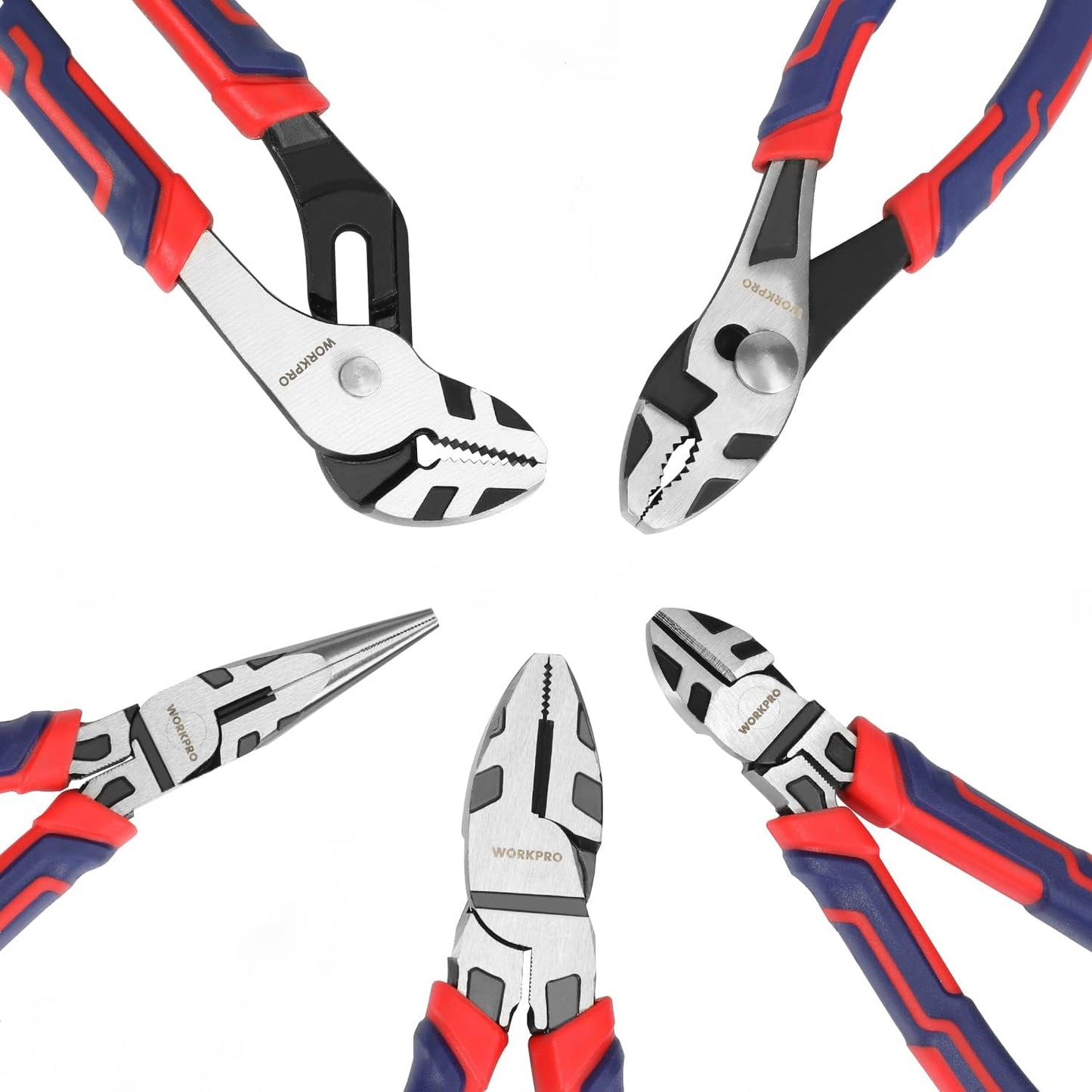 WORKPRO Pliers Set, Premium Cr-V Construction, Includes 6 Inch Slip Joint, Long Nose, Diagonal Cutting, 8 Inch Groove Joint, 7 Inch Linesman and Storage Pouch, for Basic Repair