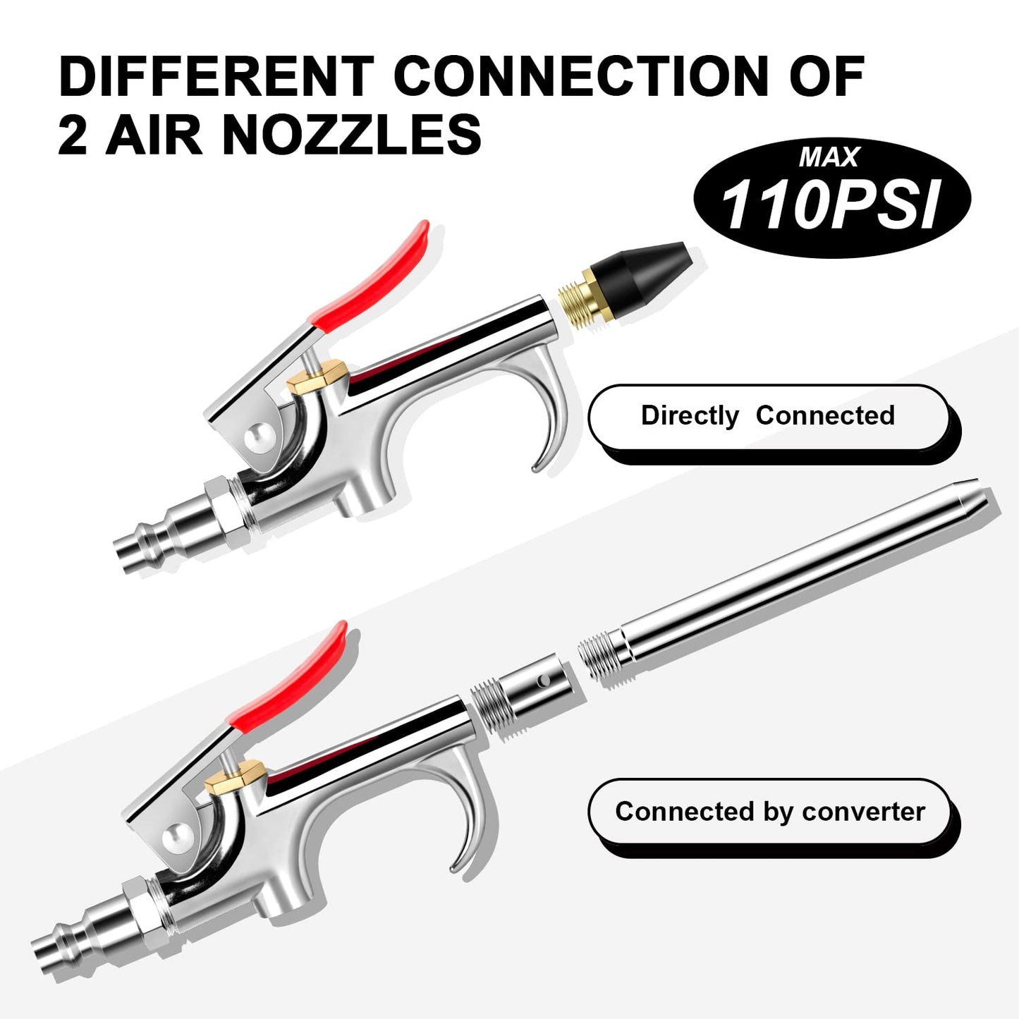 13 Pcs 2-Way Connection Air Nozzle Blow Gun Set, Air Nozzle Kit with 1/4 in Standard Quick Fitting and 8 Air Nozzles, Air Compressor Accessories for Air Inflation and Dedusting