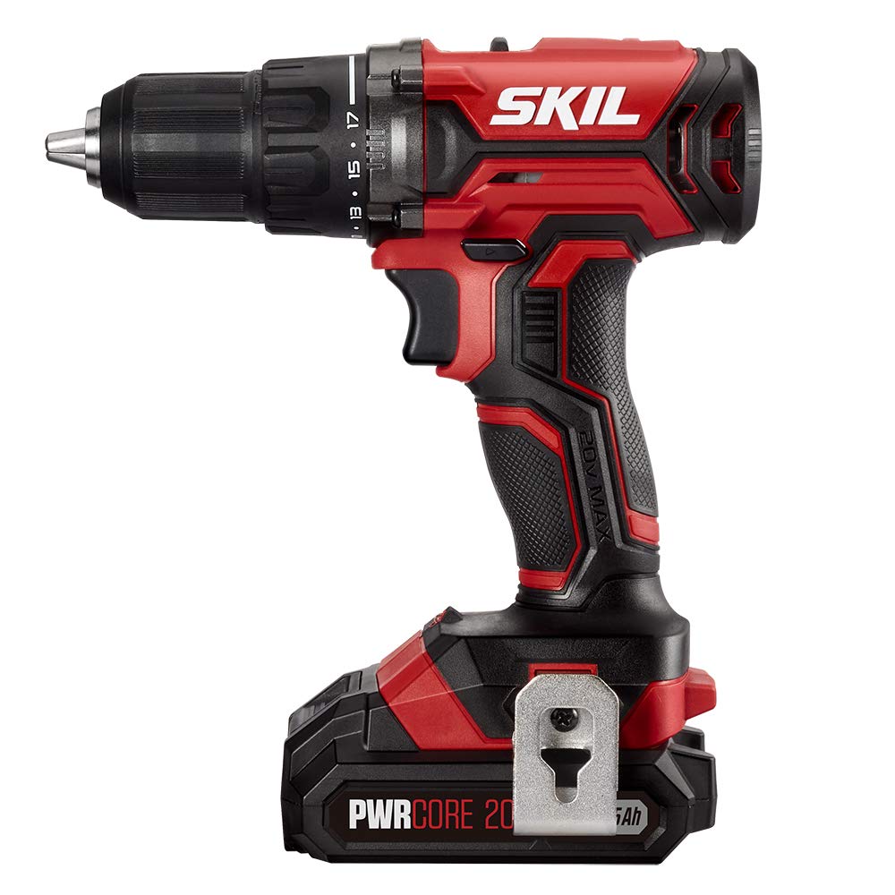 SKIL 20V 4-Tool Combo Kit: 20V Cordless Drill Driver Reciprocating Saw, Circular Saw and Spotlight, Includes Two 2.0Ah PWR CORE Lithium Batteries and One Charger - CB739701,Black, Red