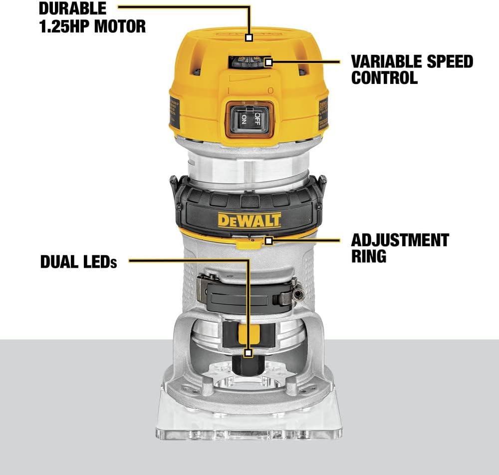 DEWALT Router, Fixed Base, 1-1/4 HP, 7.7-Amp, Variable Speed Trigger, Corded (DWP611)