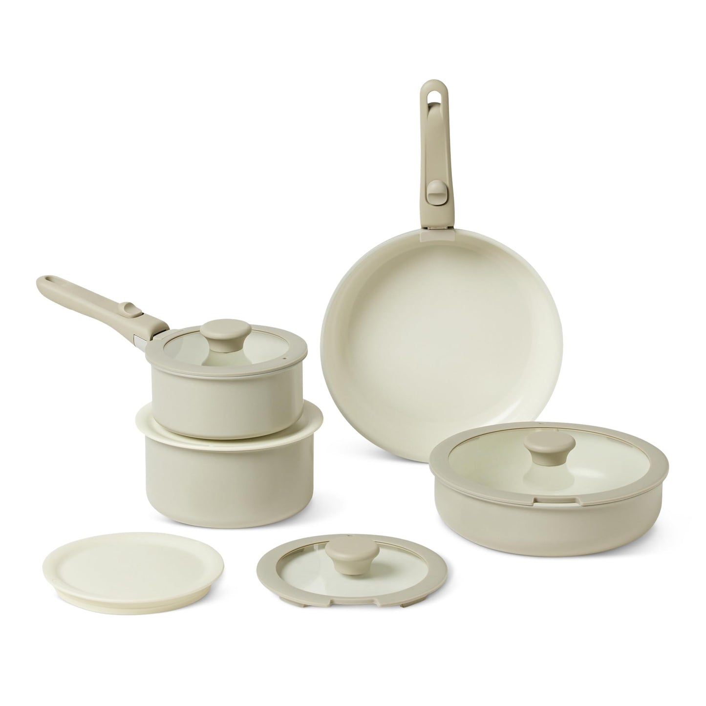Amazon Basics Ceramic Nonstick Pots and Pans Set with Detachable handle, 11-Piece Stackable set, All Cooktop Friendly, Includes Saucepan, Frying pan, Linen Gray.