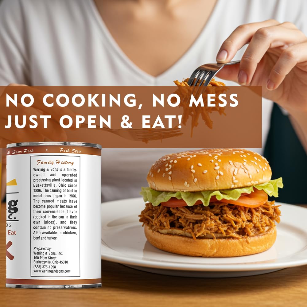 Werling & Sons Canned Pork 14.5 Oz Fully Cooked Ready to Eat Canned Meat Premium Quality Shelf Stable No Refrigeration Needed Perfect for Emergency Storage Camping Survival Canned Food Pack of 12