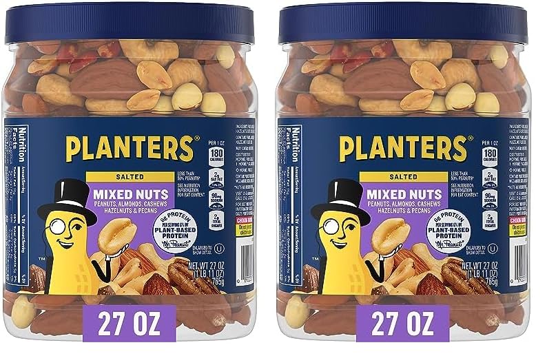 PLANTERS Deluxe Mixed Nuts, Cashews, Almonds, Pecans, Pistachios, Hazelnuts, Roasted with Sea Salt, Party Snacks, Plant-Based Protein Nut Mix, Snacks for Adults, After School Snack Mix, 27oz