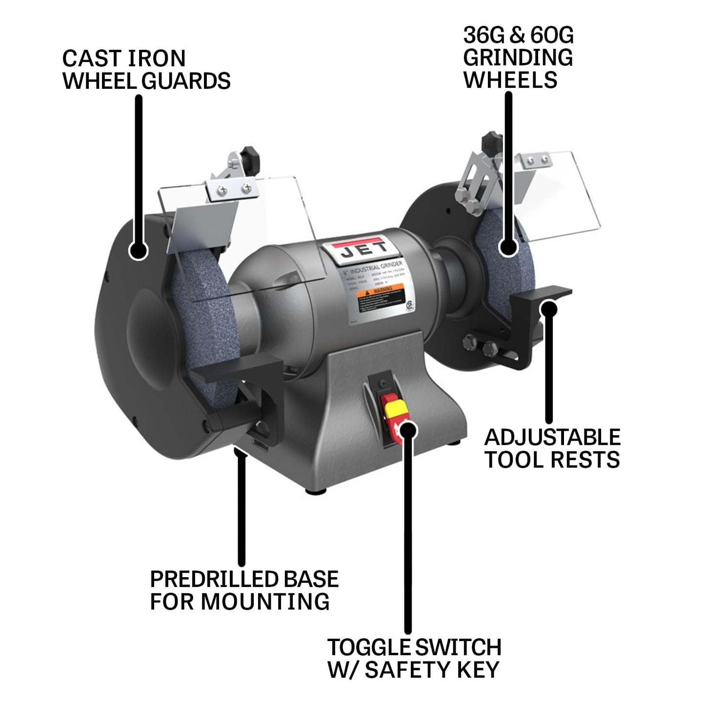JET 8-Inch Industrial Bench Grinder, 3600 RPM, 1 HP, 115V 1Ph (Model IBG-8)